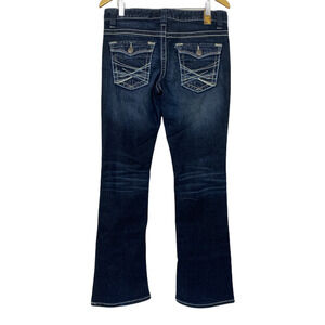 Maurices Jeans 5/6 32x33 Boot Cut Flap Pocket Dark Stretch Embroidered Womens